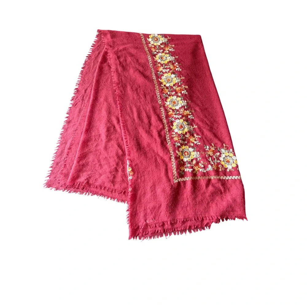 Unbranded Scarf Berry Red Floral Embroidered Eyelash Fringe Bohemian Wrap Shawl